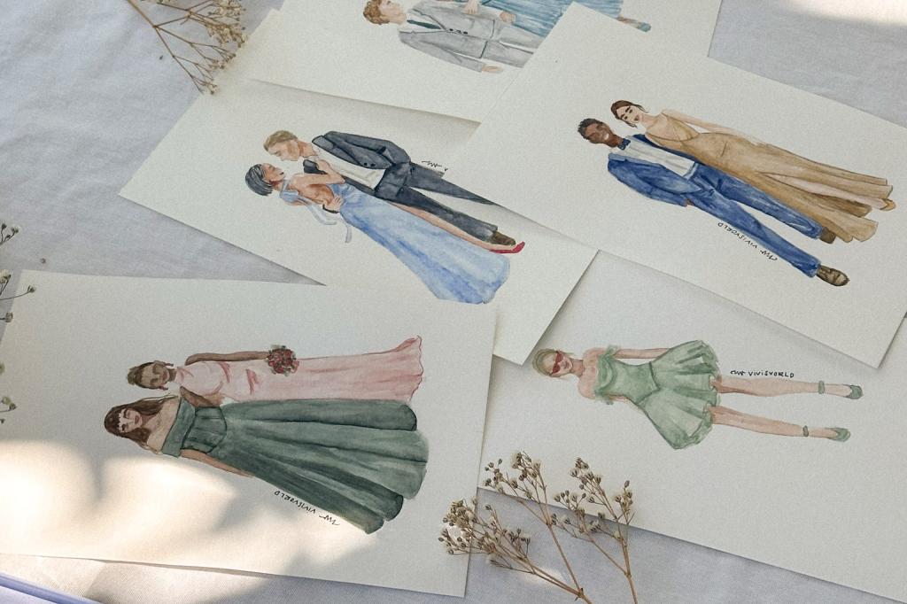 five live fashion illustration of wedding guests
