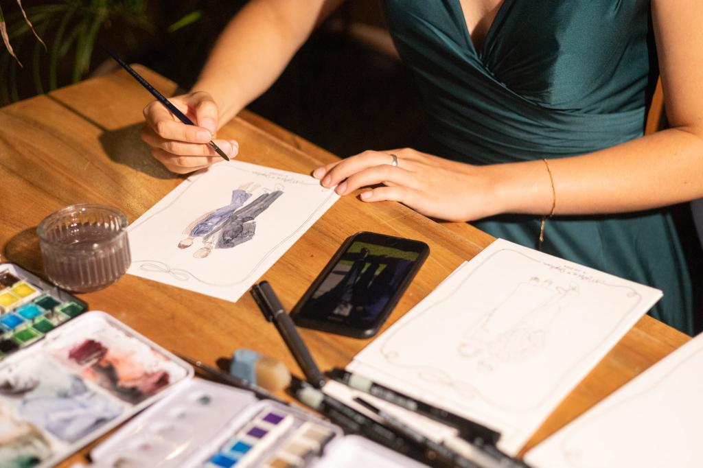 a close up of a live illustration artist-viviane itten from vivisvorld, drawing the guests of a wedding with watercolour