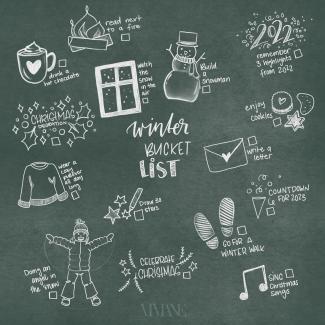 A winter Bucket List with tiny sketches to each bucket 