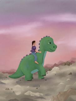 A girl riding on a dragon during Sunrise