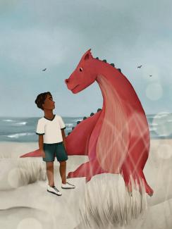 a boy and a dragon at the beach