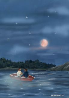 illustration: couple in a boat, stars, night