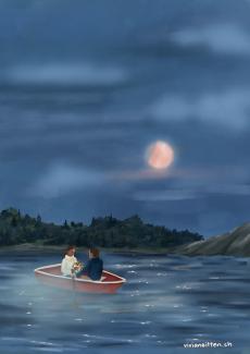 illustration: couple in a boat , night