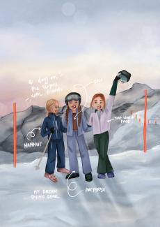 illustration, three friends, skiing, mountains
