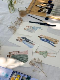 five live fashion illustration of wedding guests