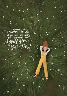 an illustration, a girl lying in the grass