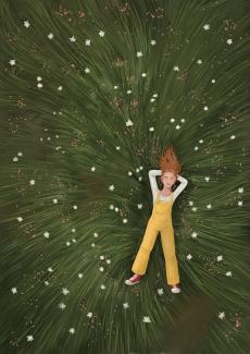 a girl lying in the grass, illustration