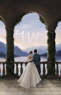 VivisVorld Illustration of a bride and groom, evening blue hour magic, aesthetic, digital illustration, lake, landscape, architecture
