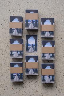 business cards of vivisvorld, digital illustration on the front, wedding couple, romantic scene, aesthetic illustration, product image