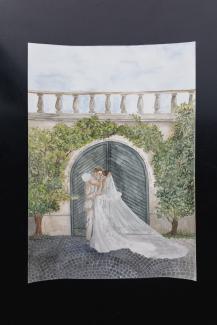 a watercolour illustration of a wedding couple, drawn with watercolours