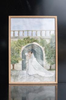 portrait of a wedding couple, drawn with watercolours, framed, illustration by vivisvorld