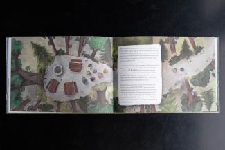 a double page of a childrens book, illustrated, beautiful earthy colour, a forest, and kids