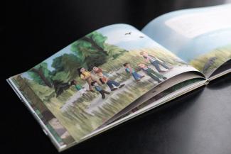 an illustrated page of a story book, kids walking out of a forest, by vivisvorld
