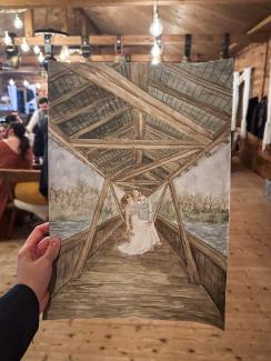a live illustration of a wedding couple, watercolour, aesthetic, live drawing, A3, personal artwork