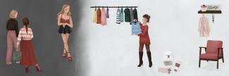 illustrations and framework for an informative brochure, digitally illustrated, women, clothes, home elements