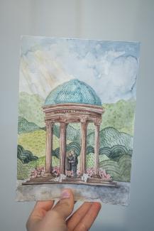 Watercolour illustration of a couple, sun is shining through clouds, under a pavillon, flowers and bushes in the back