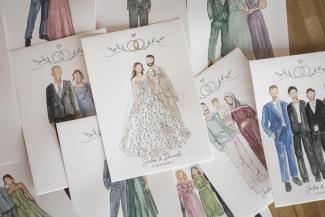 many live illustrations of a wedding, evening dresses colourful with watercolour, fashion illustration style, illustrated by viviane itten