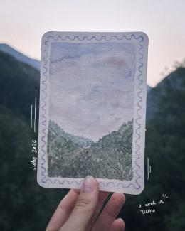 a watercolour postcard of a view in Ticino, 