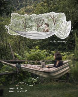 photo and watercolour illustration of a hammock in the greens with a studying person in it