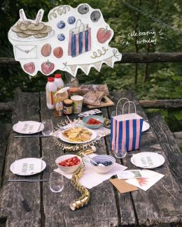 birthday table outside our airBnB, Birthday Item Sticker drawn with watercolours