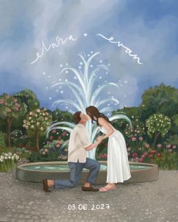 a save the date illustration of a couple in a rose garden, illustrated by vivisvorld