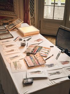 Where I work as a wedding illustration artist,  a table in a castle, illustrations, watercolours and other tools on it