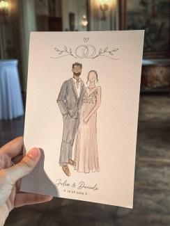 a watercolour fashion like live illustration of a couple, she wears a long evening gown with lace and glitter