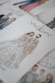 watercolour fashion illustration of bride and groom by vivisvorld, dress with 3d Lace and glitter, corset top
