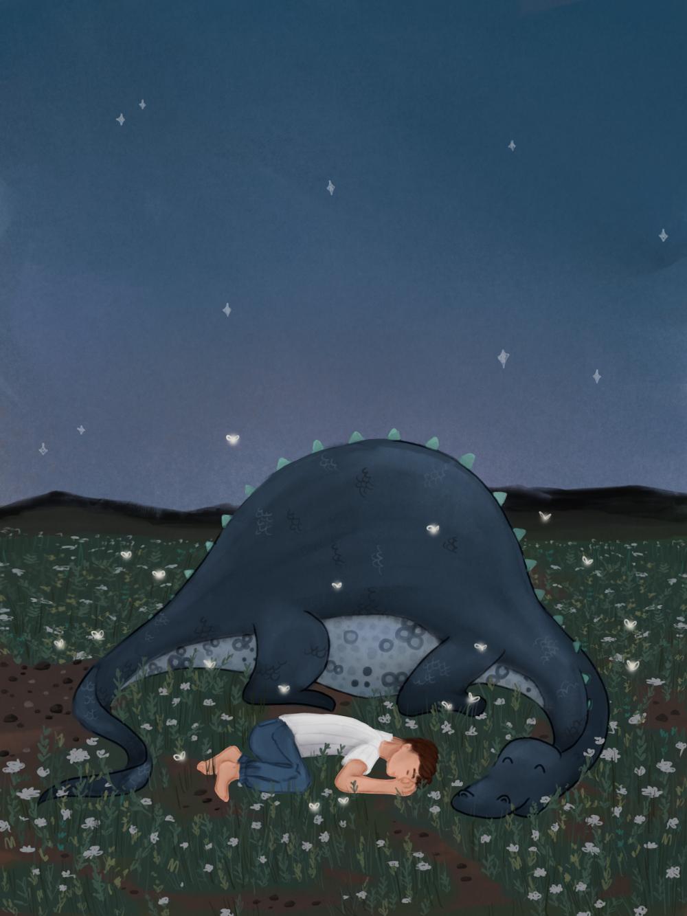 a boy sleeping next to a dragon