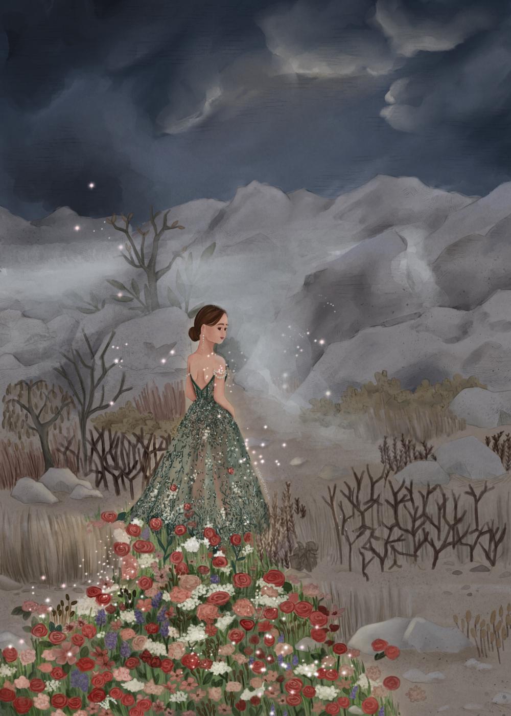 A girl in a desert with a carpet of flowers flowing from her gown