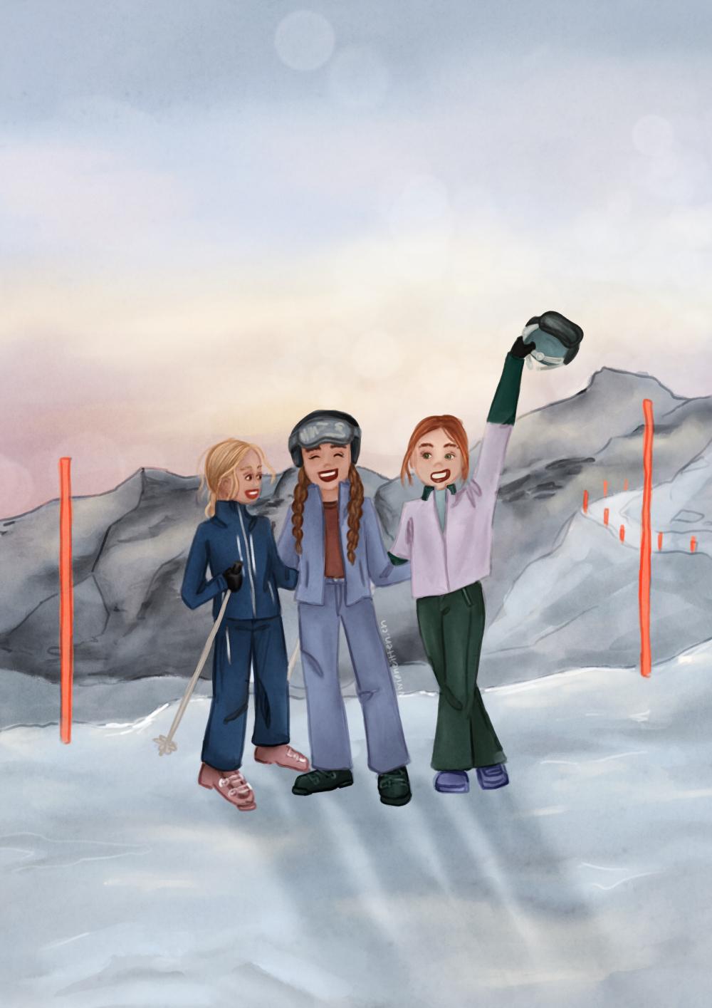 illustration of three friends in the snowy mountains