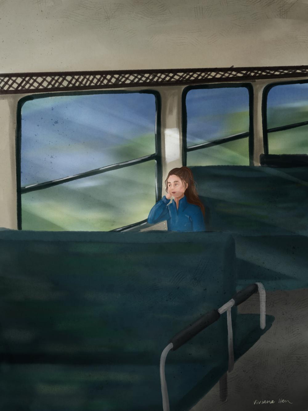 a girl alone in a train - digital illustration