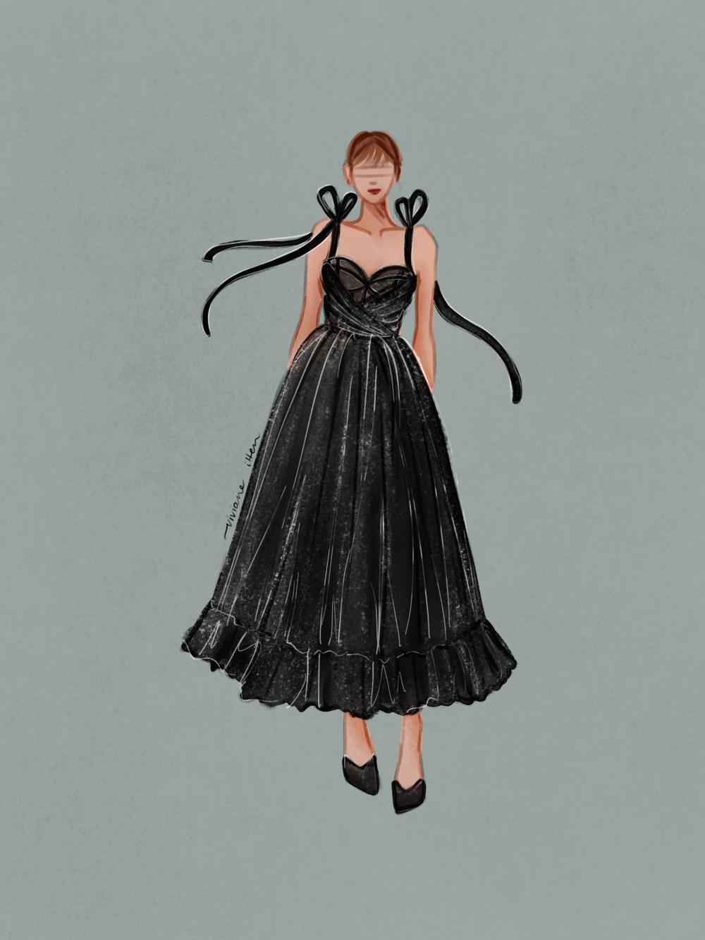 a fashion illustration of a black couture dress