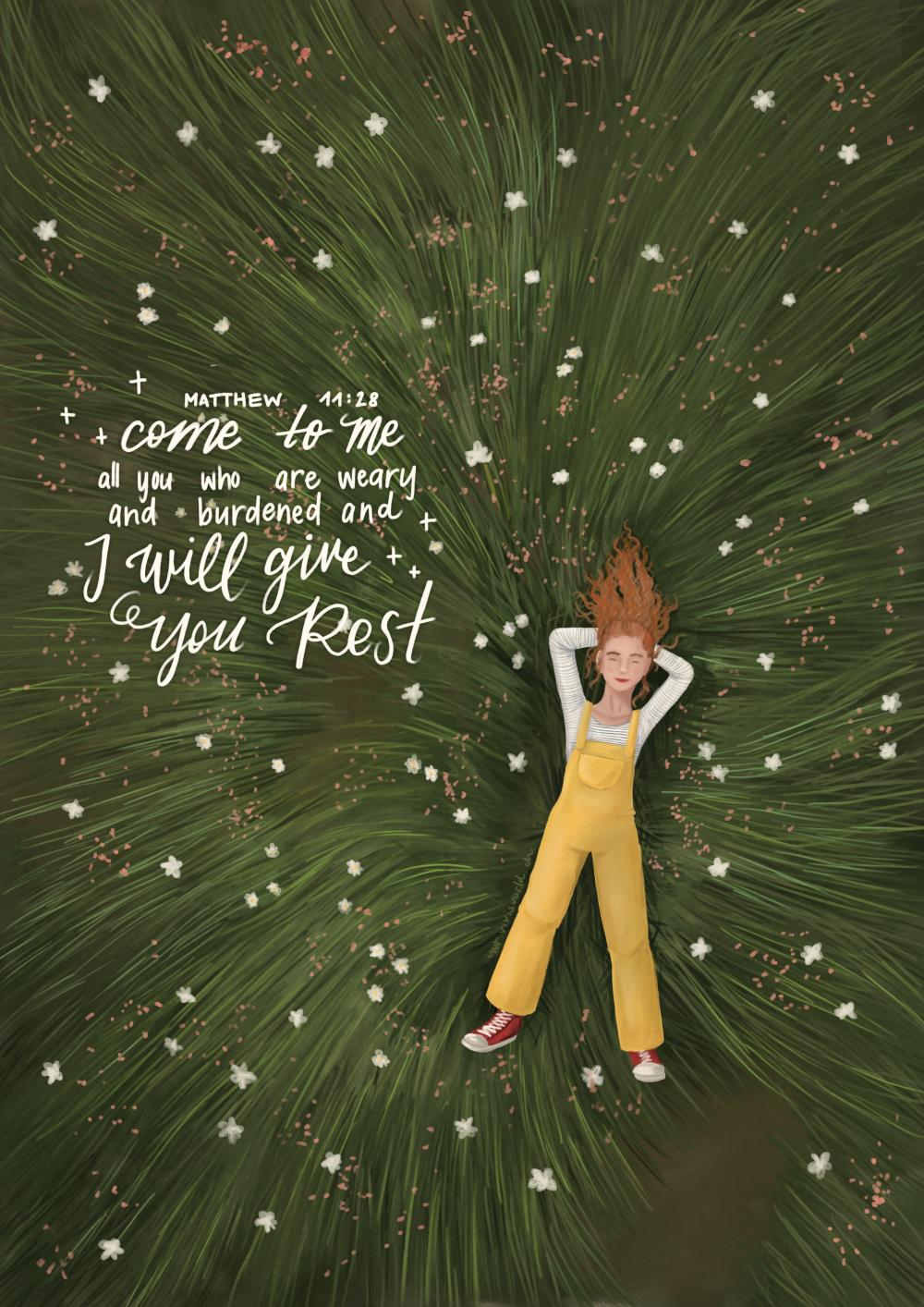 an illustration, a girl lying in the grass