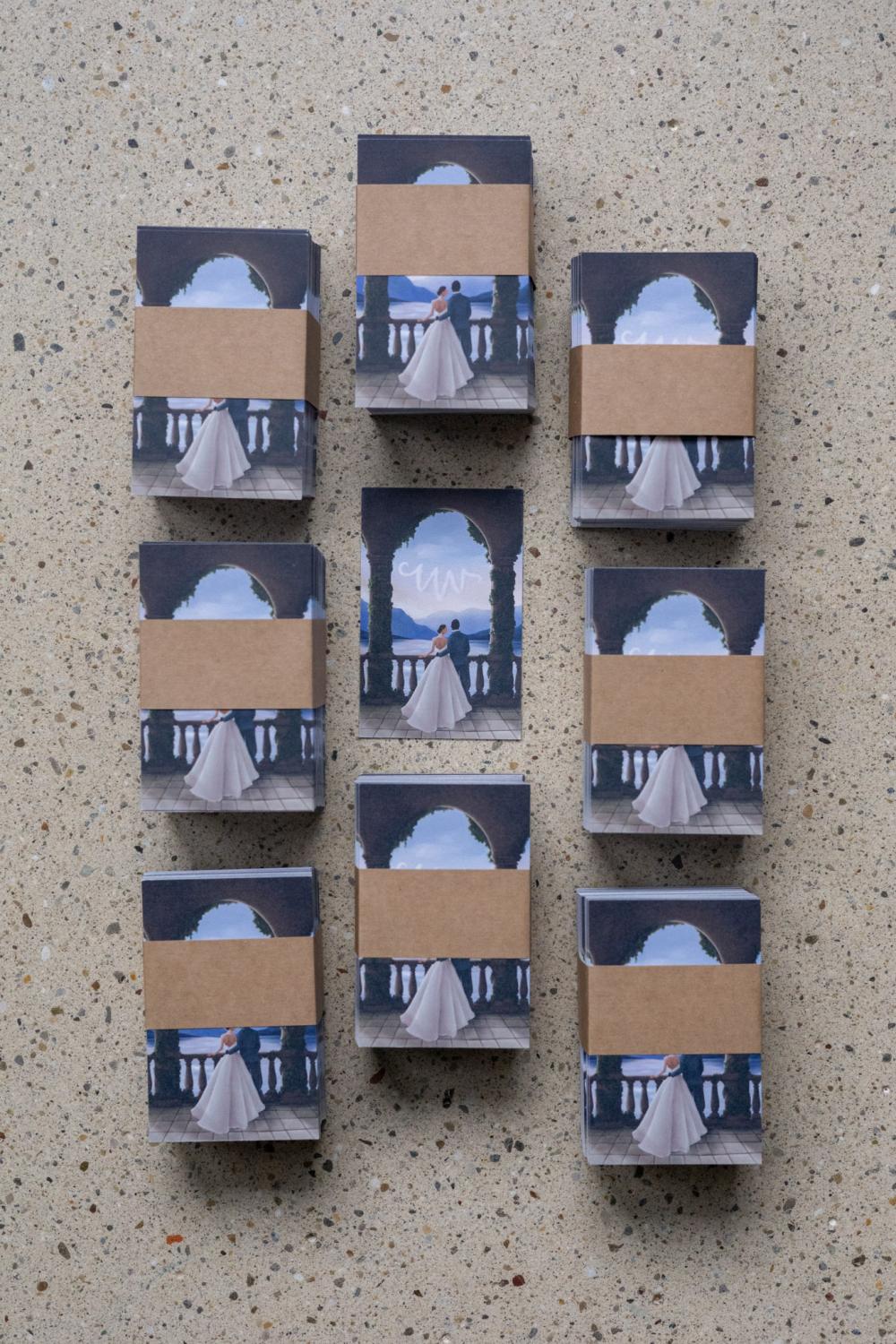 business cards of vivisvorld, digital illustration on the front, wedding couple, romantic scene, aesthetic illustration, product image