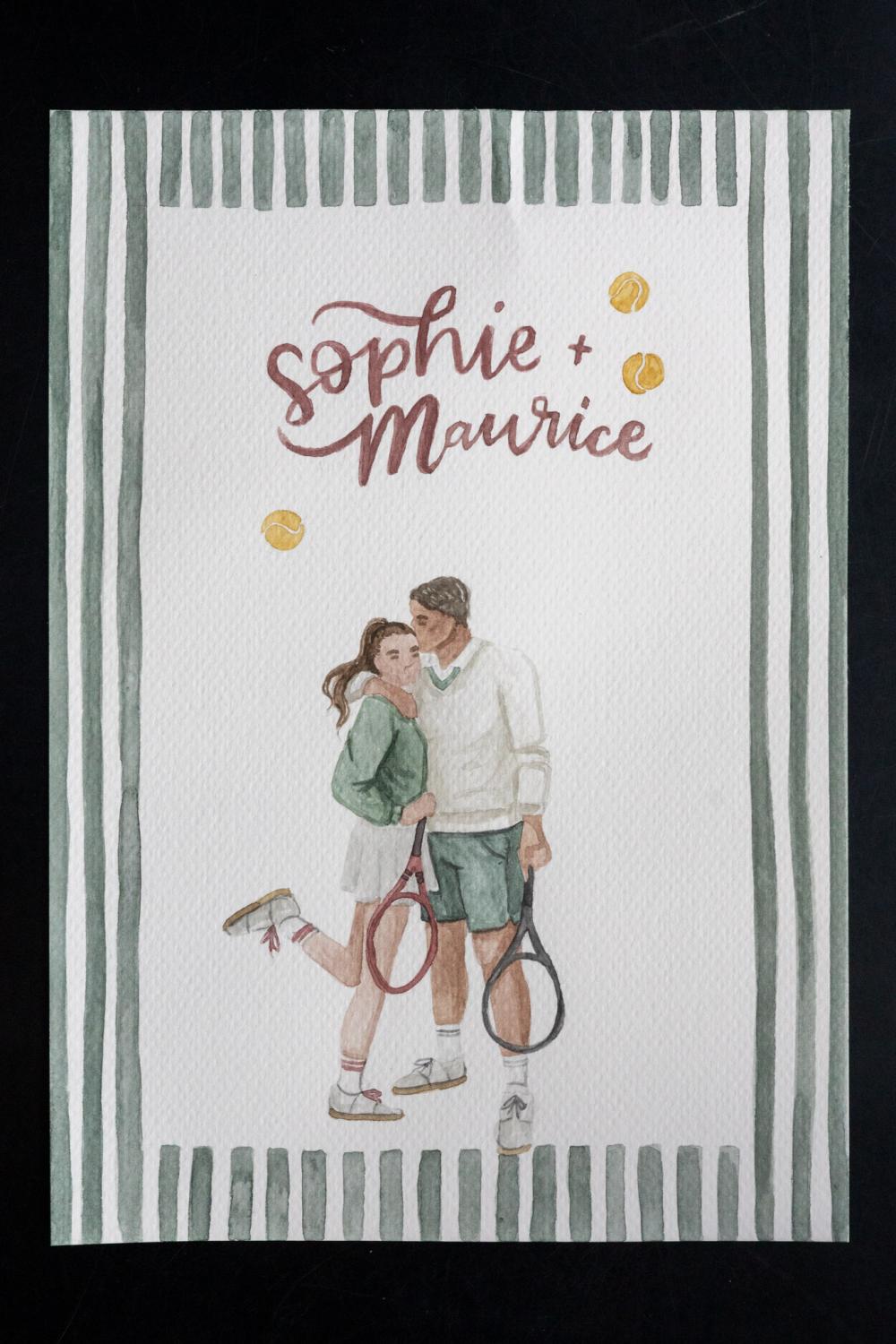 a watercolour illustration of a tennis couple, stationary, illustrated wedding invitation