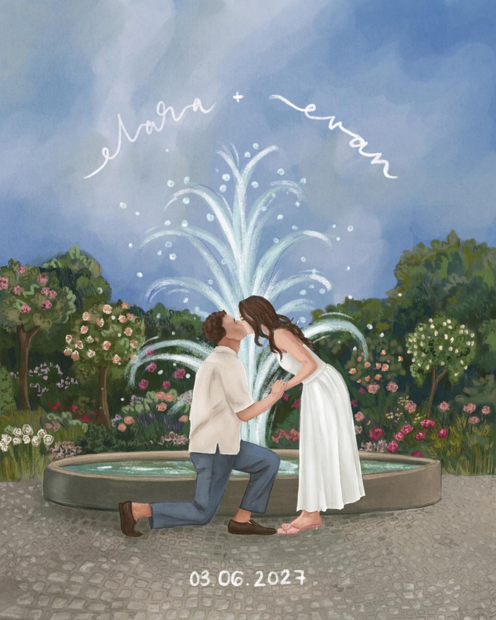 a save the date illustration of a couple in a rose garden, illustrated by vivisvorld